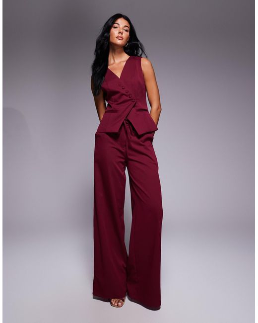 Kaiia Red Exclusive Asymmetric Button Front Sleeveless Waistcoat Top Co-ord