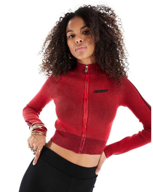 Bershka Red Zip Through Ribbed Jumper