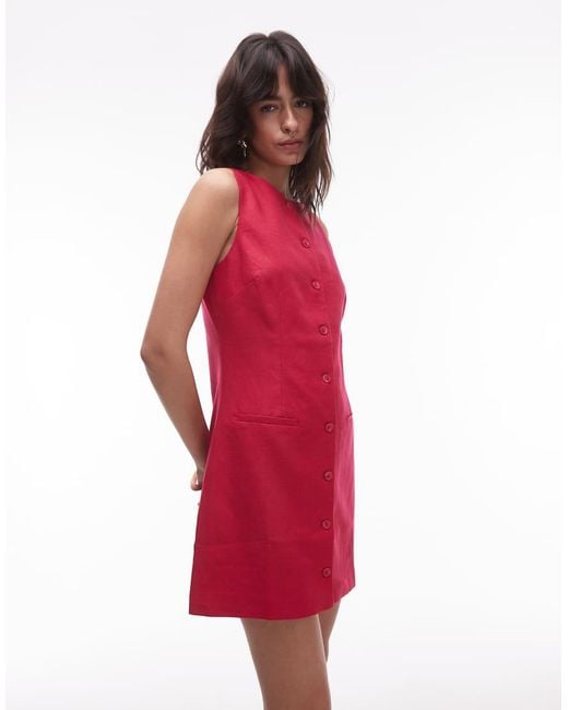 Vestido Corto De Corte Recto Con Botones De Mezcla De Lino De Mango de color Red