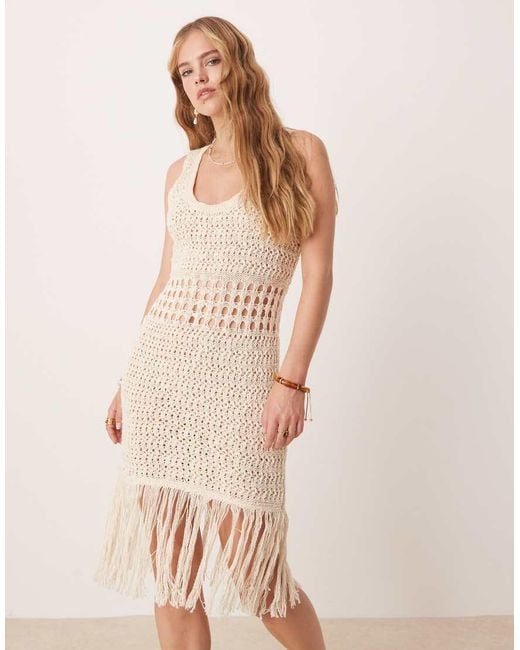 ASOS Natural Knitted Stitch Crochet Mini Dress With Fringe Detail