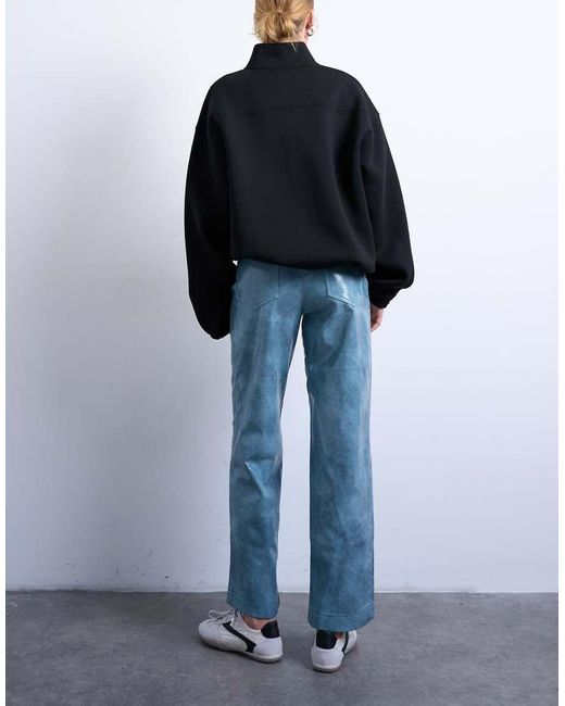 TOPSHOP Blue Faux Leather High Shine Scoop Pocket Wide Leg Trouser