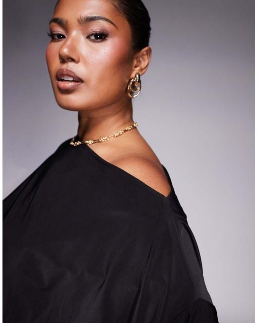 ASOS Black Asos Design Curve Asymmetric One Shoulder Short Sleeve Top With Cinch Waist Detail