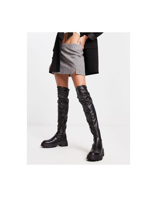 Pull&Bear Black Faux Leather Knee High Chunky Boot