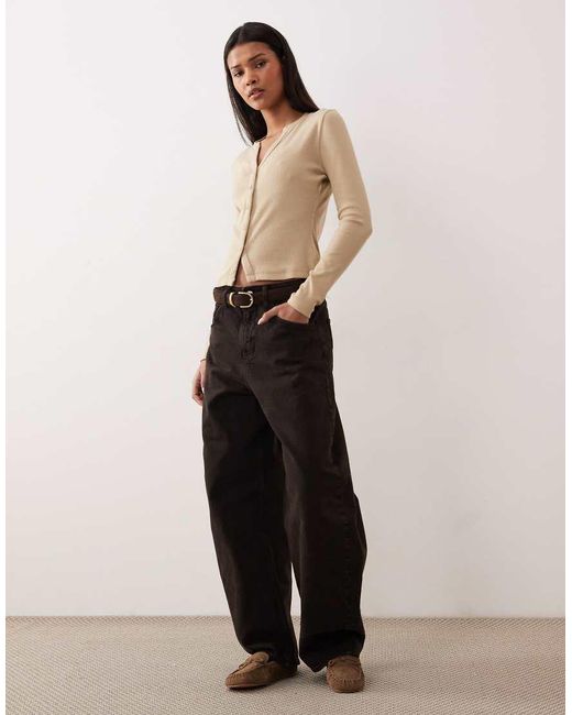 Threadbare Natural Long Sleeve Button Through Ribbed Top