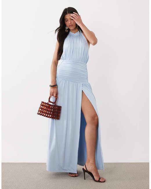 Aria Cove White Double Sculpted Slinky Ruched Detail High Neck Drop Waist Maxi Dress