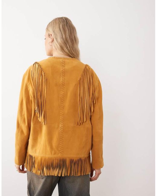 Urbancode Natural Oversized Boho Suede Fringed Jacket