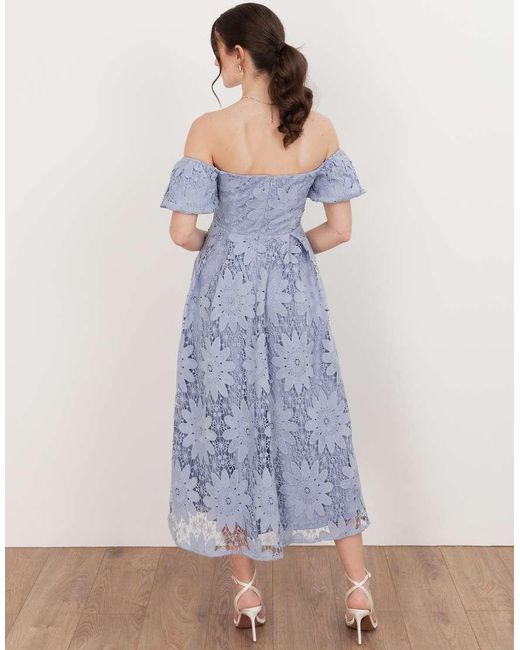 Maya Blue Bardot Puff Short Sleeve Lace Midi Dress