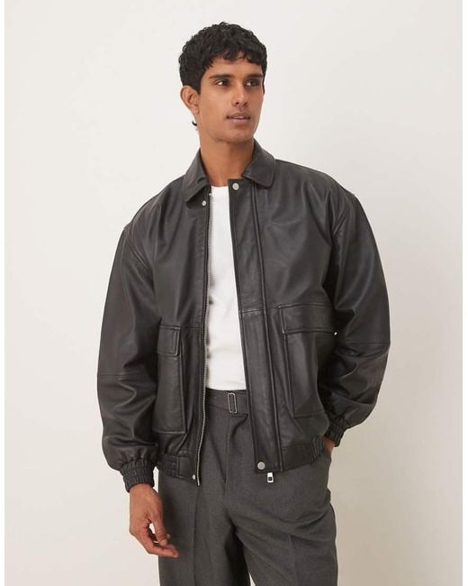 ASOS Gray Oversized Real Leather Bomber Jacket for men