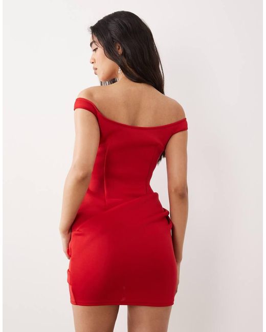 ASOS Red V-bardot Mini Dress With Manipulated Skirt