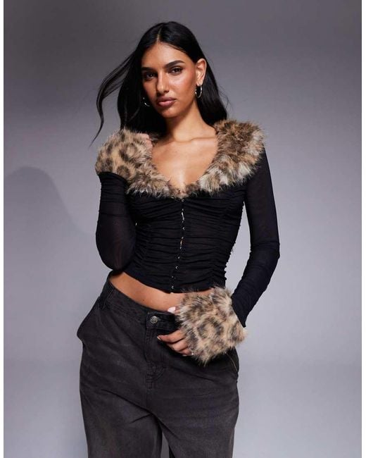 Oh Polly Black Ruched Mesh Faux Fur Leopard Trim Hook And Eye Detail Top