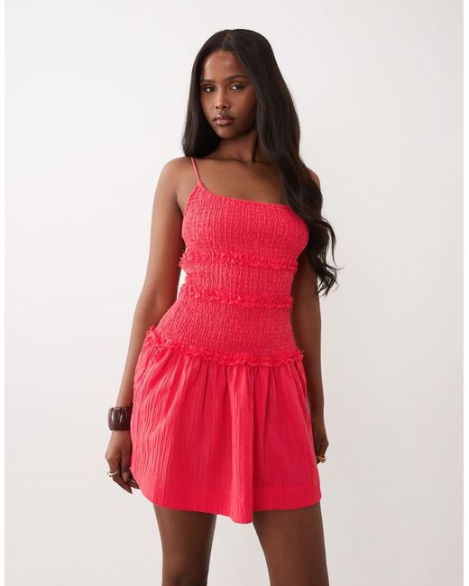 ASOS Red Crinkle Mini Sundress With Shir Dropped Waist