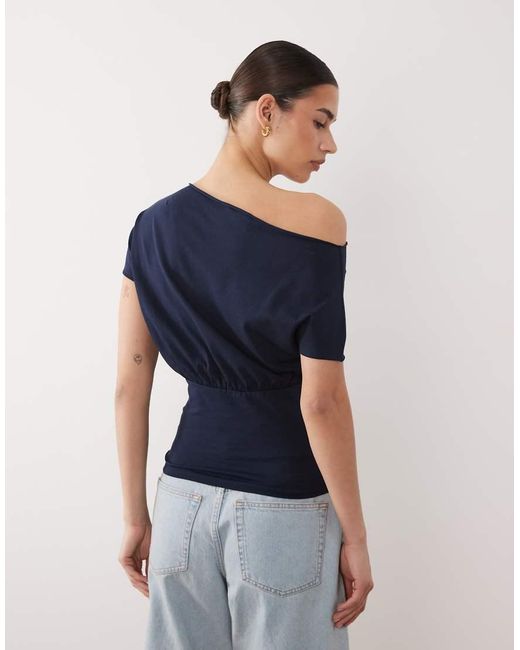 ASOS Blue Off Shoulder Cinched Waist T-shirt With Varsity Number Graphic