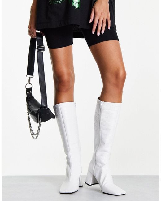 TOPSHOP Tula Leather Mid Knee High Boot in White | Lyst Canada