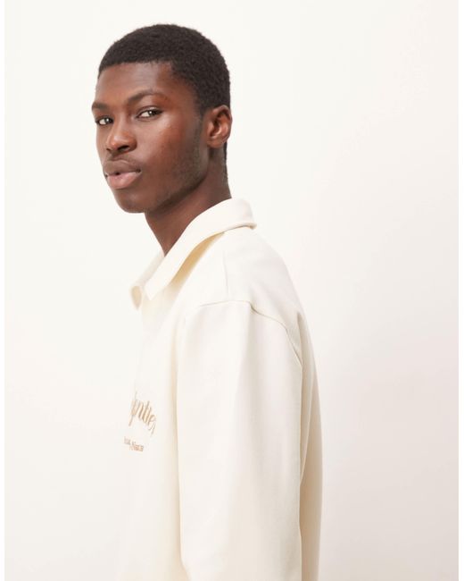 ASOS Natural Oversized Revere Neck Polo With Embroidery for men