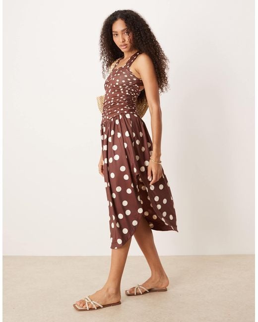 free people polka dot dress brown SAMMI HALTER MIDI DRESS - CHOC/LEMON POLKA – CHIC LE FRIQUE main image 1