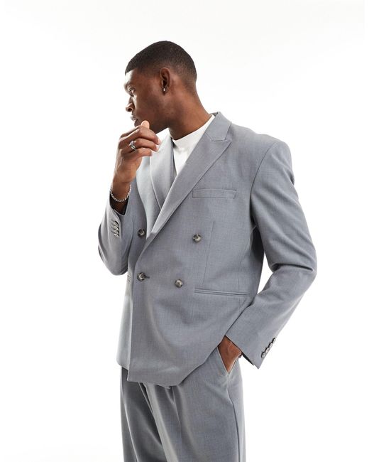 ASOS Gray Relaxed Double Breasted Suit Blazer for men
