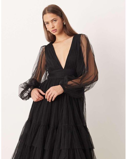 LACE & BEADS Black Bridesmaid Madison Deep V-sheer Bell Sleeve Tulle Midi Dress