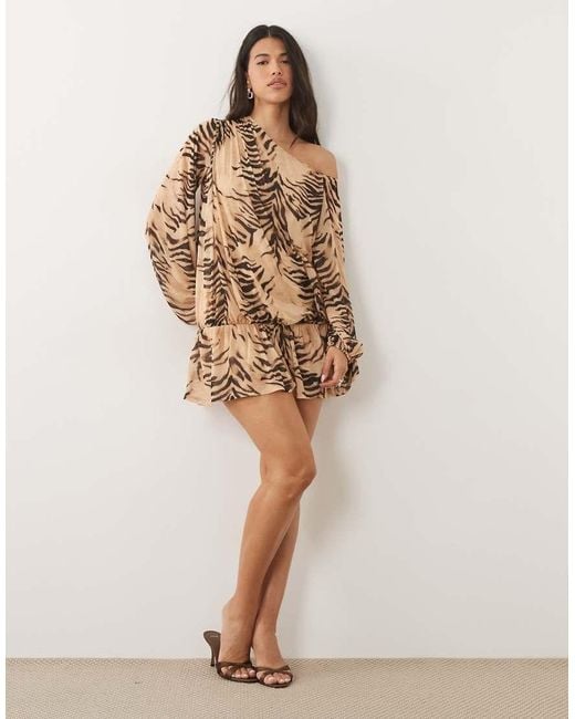 ASOS Brown Printed Stretch Chiffon Slouchy Mini Dress With Extreme Blouson Sleeve