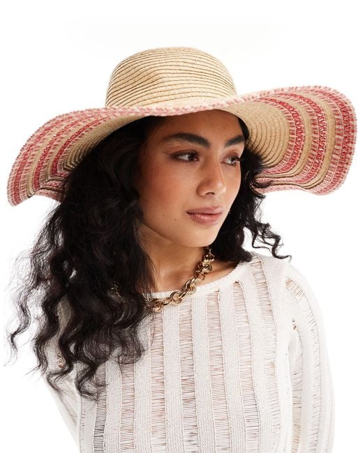 Accessorize Natural Wide Brim Summer Hat With Pink Stitching