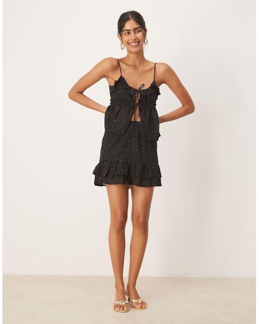 Pimkie Black Sequin Detail Ruffle Tie Front Cami Top Co-ord
