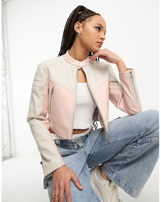 Miami - veste style motocross en similicuir - et blanc Stradivarius en coloris Gray