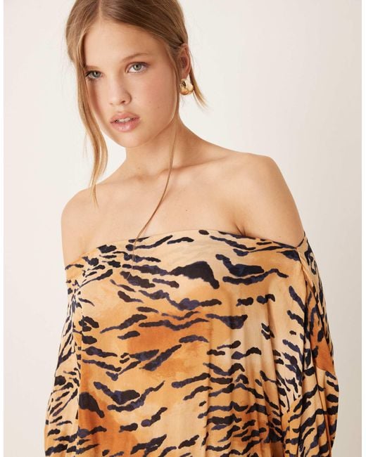 Never Fully Dressed Natural Plisse Off Shoulder Maxi Dress