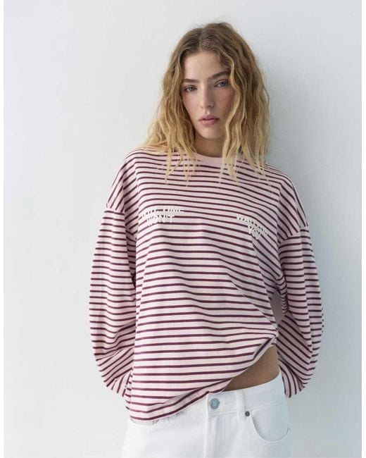 Pull&Bear Pink Striped Text T-shirt
