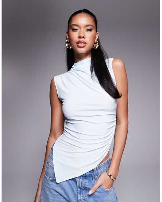 ASOS Blue Grown On High Neck Gathered Asymmetrical Hem Top