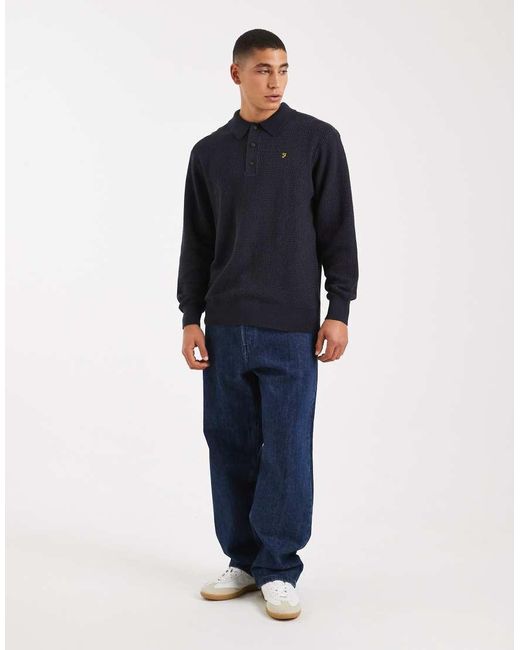 Farah Blue Gateacre Knit Long Sleeve Polo Shirt for men
