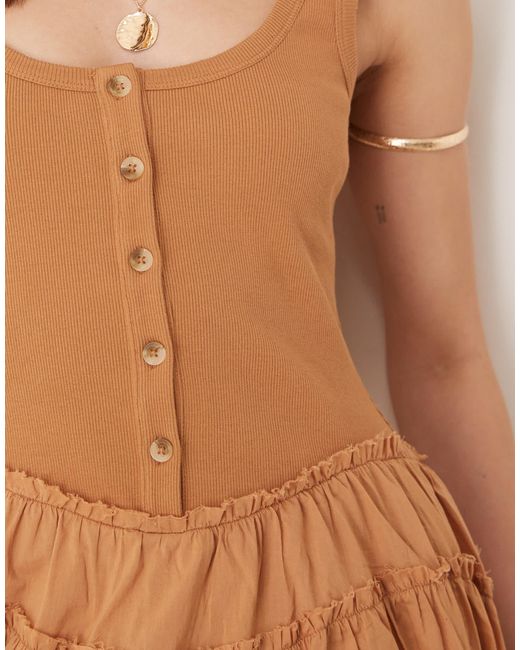 ASOS Natural Scoop Button Ribbed Bodice With Poplin Skirt Maxi Dress