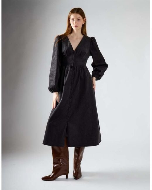 Glamorous Black Corduroy V-Neck Midi Dress