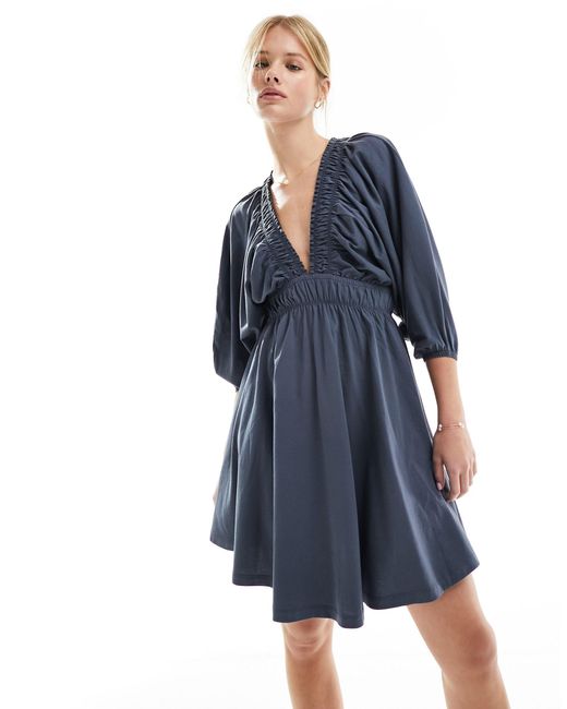 ASOS Blue Plunge Elastic Tea Mini Dress With Ruched Waist