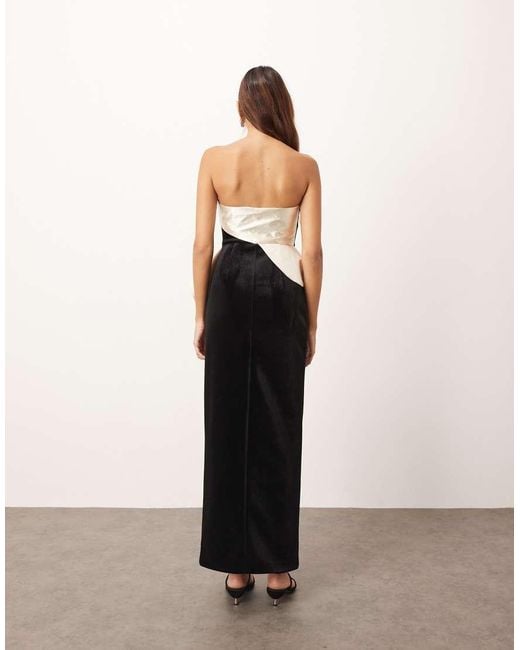 ARRANGE White Structured Curved Velvet Column Midi Dress With Contrast Satin Peplum