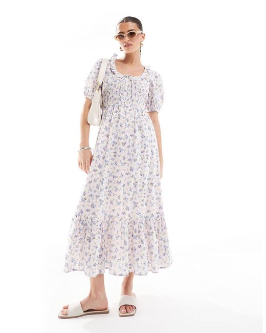 Vestido Midi Rosa De Estilo Mesonera Con Estampado Floral Y Mangas Abullonadas De New Look de color White