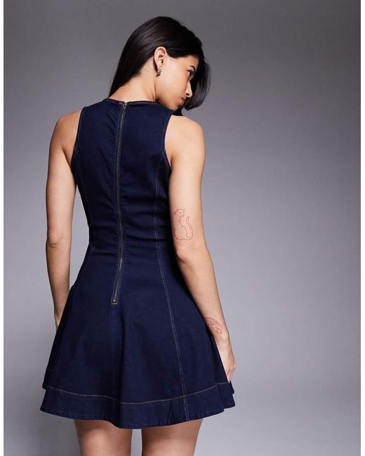 Bardot Blue Palmer Denim Racer Neck Seam Detail Fit And Flare Full Skirt Mini Dress