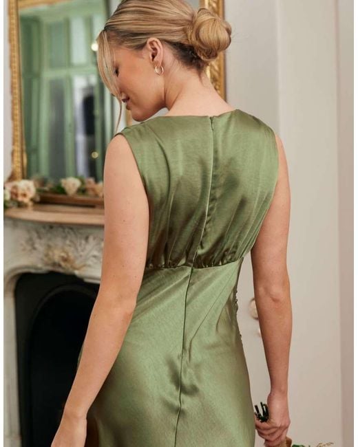 Six Stories Green Bridesmaid Satin Cowl V Neck Maxi Dress