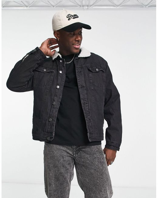 Threadbare Denim Jacket With Borg Collar And Lining in Black for Men | Lyst