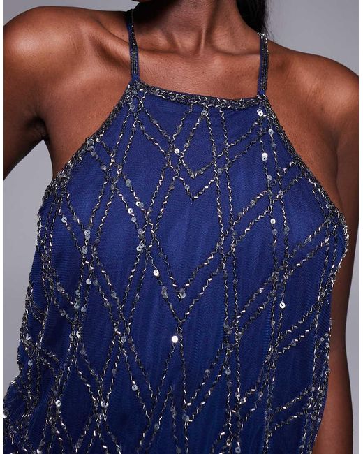 Goddiva Blue Racer Neck Sleeveless Hand Embellished Sequin Maxi Dress