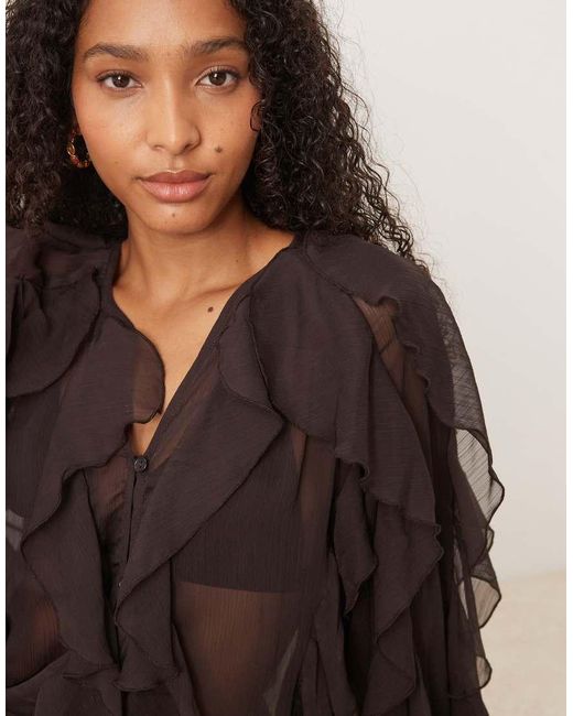 Glamorous Black V-Neck Button Front Ruffle Blouse