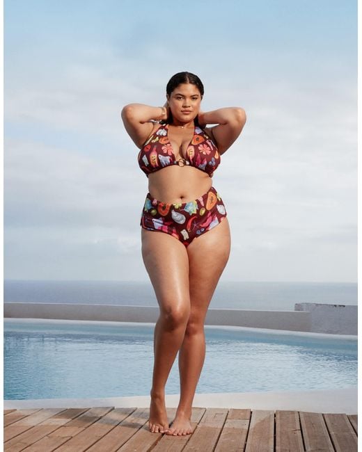 ASOS Blue Asos design curve – celeste – bikinihose mit hohem beinausschnitt, hoher taille und urlaubsprint