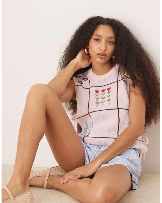 ASOS Brown Crew Neck Knit Tabard Singlet With Floral Embroidery