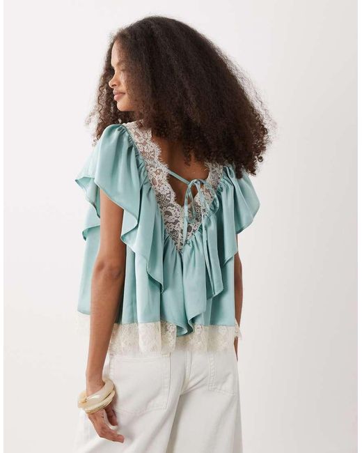 ASOS Blue Lace Insert Satin Tiered Blouse