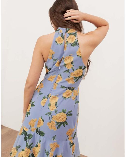 ANAYA Blue Floral Print Halter Neck Tiered Maxi Dress