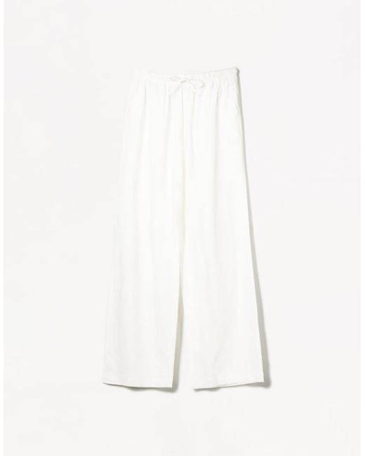 Bershka White Petite Linen Blend Trousers With An Elasticated Waistband