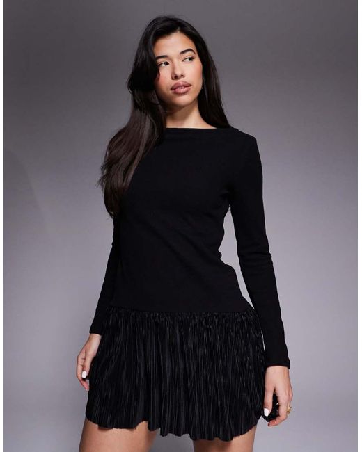 ASOS Black Supersoft Long Sleeve Slash Neck Plisse Hem Mini Dress