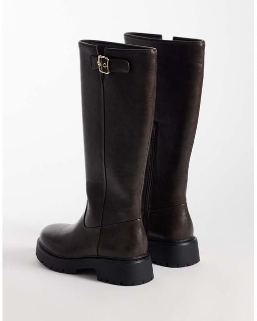London Rebel Black Trista Chunky Knee Boots With Buckle Details