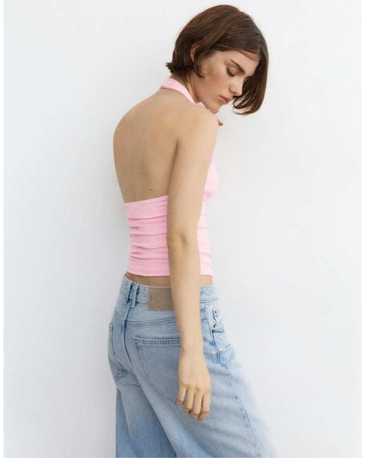 Pull&Bear Pink Halter Neck Top With Gathering