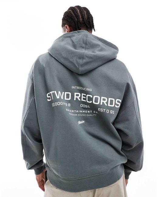 Pull&Bear Blue Oversized Stwd Records Back Printed Hoodie for men