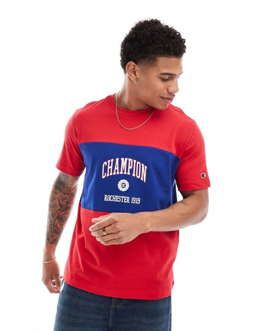 Camiseta azul marino y roja con diseño universitario color block rochester Champion de hombre de color Red