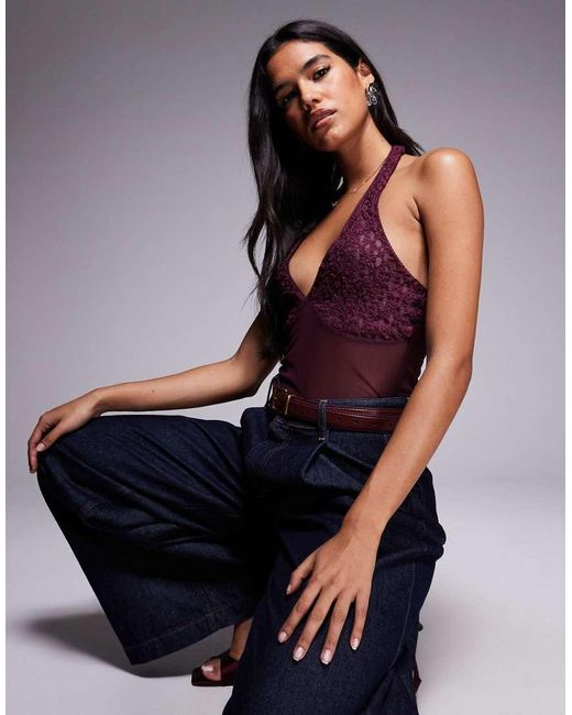 ASOS Blue Mesh Lace Halter Neck Bodysuit